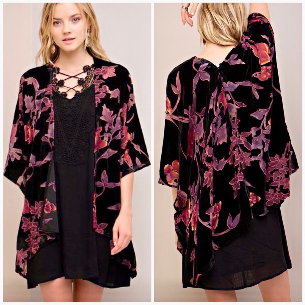 Entro Floral Velvet Burnout Burgundy Open Front Kimono Style Cardigan Size S/M